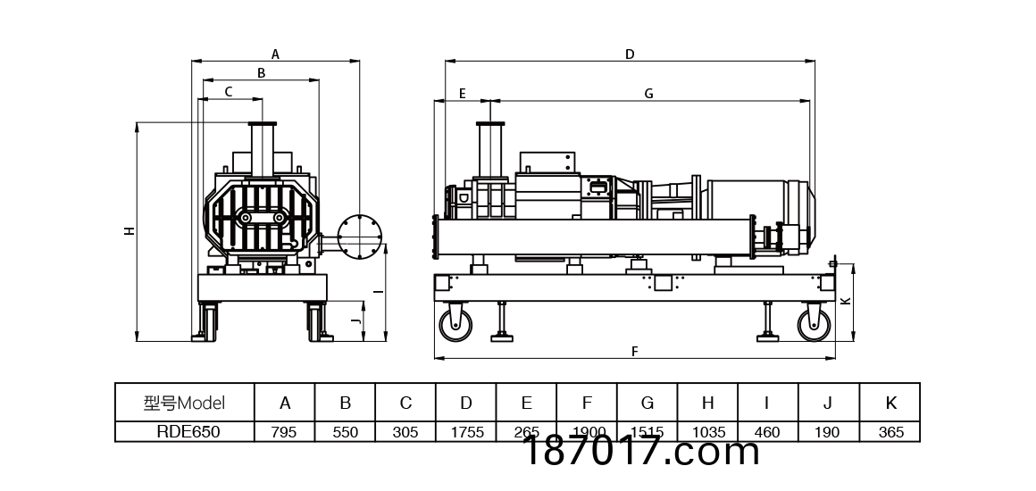 RDE650榦式螺桿(gan)真空泵(beng) 尺寸圖(tu)